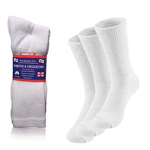 Diamond Star Diabetic Socks, Non-Binding Circulatory Cushion Cotton Crew Diabetic Socks for Men Women (3 Pairs White, 9-11)