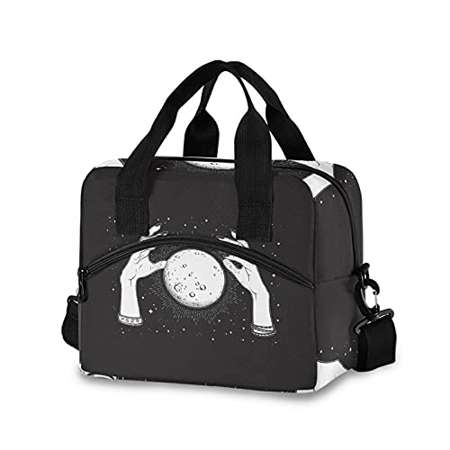 Image of Black White Full Moon with Rays in the Hands of Fortune Teller Leakproof Crossbody Insulated Lunch Bag, Cooler Reusable Lunch Box Lunch Bag Tote with Adjustable Shoulder Strap for Travel Work