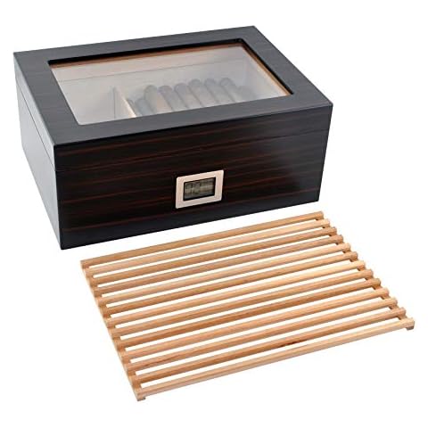 DUCIHBA Cigar Humidors Holds 50-75 Cigars Box, Tempered Glass Top Display, Spanish Cedar Wood Desktop Storage with Divider& Air Flow Rack, Humidifier and Digital Thermo-Hygrometer, Ebony Black Cover