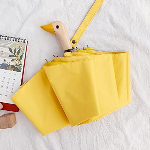 Leagera Compact Small Umbrellas For Rain&Sun, Cute Design Duck Head Umbrella For Girls Gifts, 8 Ribs Folding Umbrella With Wooden Handle, Yellow #TOP4