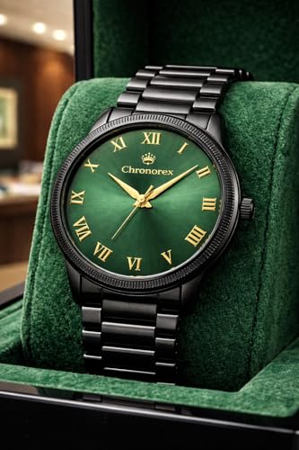 Image of Astrologer-Recommended Luxury Green Roman Dial, Black Chain Watch for Men - Green Dial, Roman Numerals,Black Chain Vastu-Friendly, Stainless Steel, Chronograph, Waterproof, Elegant Design