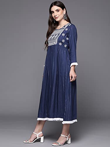 Image of INDO ERA Women's A-Line Striped Viscose Rayon Ethnic Dresses for Women