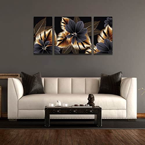 Sdmikeflax 3 Piece Modern Canvas Wall Art For Living Room Large Size 48"X24" Abstract Black And Gold Wall Art Botanical Wall Art Set Decor Print Plant Pictures Framed Artwork For Home Walls Bedroom Home Decoration #TOP3