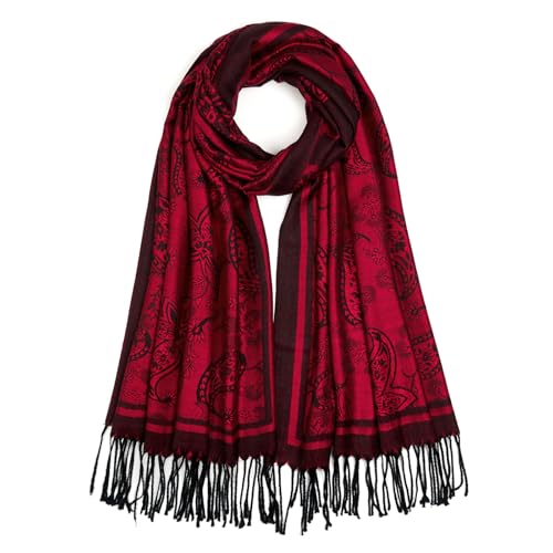 QIUTIMIY Paisley Pashmina Shawls and Wraps for Women Reversible Jacquard Festival Rave Pashmina Scarves with Fringe Vintage(Flower17-Dark Red)