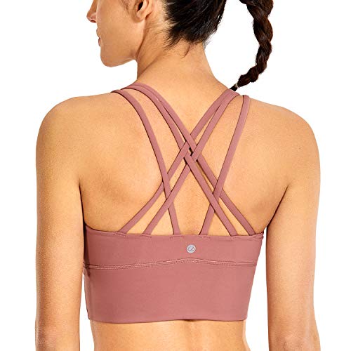 Crz Yoga Women's Strappy Longline Sports Bras - Wirefree Padded Medium Impact Workout Crop Tank Top Light Reddish Brown Small #TOP17