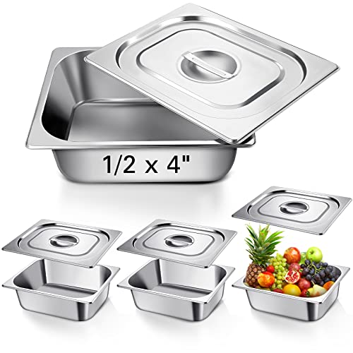 Baderke Stainless Steam Hotel Pans With Lids, 0.7 Mm Thick 304 Stainless Steel Hotel Pan Anti Jam Steam Table Pan For Food Warmer Cooking Heat, Multi Size (4 Pack, 1/2 Half Size X 4 Inch Deep) #TOP16