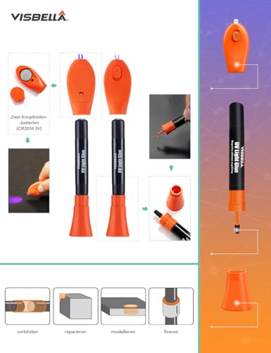 Visbella UV Kleber mit Lampe Set, Reparatursystem mit lichthärtendem Klebstoff UV-Kleber, für Glas, Metall, Holz, Leder und Plastik, verbinden, fixieren, modellieren, reparieren (4+8g)