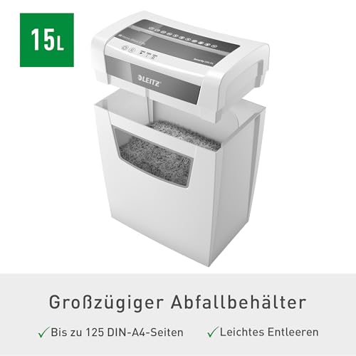 Leitz IQ Aktenvernichter Home Office S, 9-8 Blatt (70-80 g/m²), TÜV+GS zertifiziert, Partikelschnitt, Sicherheitsstufe P4, 15L Behälter, Sehr leise, & kompakt, Schredder für Büro, Weiß, 80360000