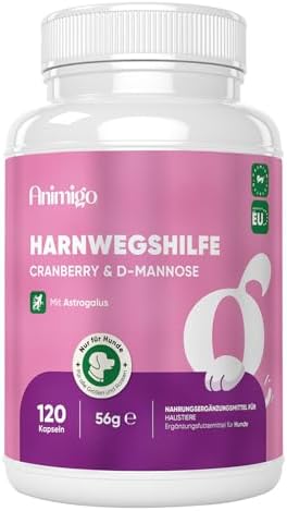 Animigo Harnwegshilfe für Hunde - 120 Kapseln für Haustiere - Mit Cranberry, D-Mannose, Astragalus, Süßholz, Brennnessel & Eibischwurzel - Für Haustiere jeden Alters - Urinary Aid