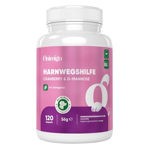 Animigo Harnwegshilfe für Hunde - 120 Kapseln für Haustiere - Mit Cranberry, D-Mannose, Astragalus, Süßholz, Brennnessel & Eibischwurzel - Für Haustiere jeden Alters - Urinary Aid for Dogs