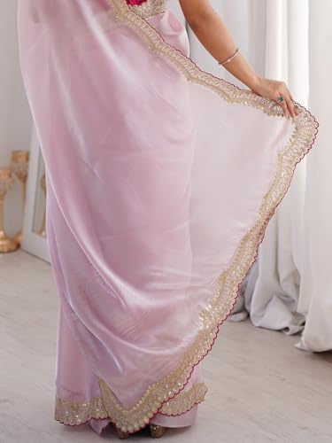 Image of AKHILAM Women's Shimmer Satin Sequence Embroidery Work Border Saree With Unstitched Blouse Piece