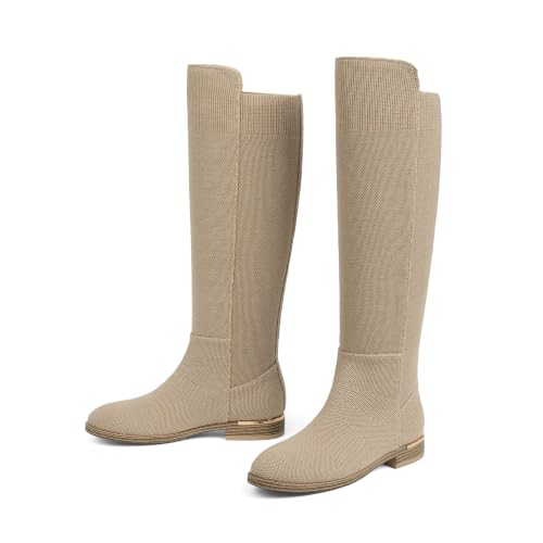 Image of Modatope Rounded Toe Flat Stretchy Dress Knee High Boots Side Zipper