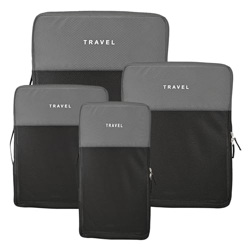 Image of Urbane Home Set of 4 Waterproof Travel Kit for Toiletries with Handles | Cosmetics Pouch, Bathroom Toiletries Bag & Vanity Storage Organiser for Men & Women | Plain Grey