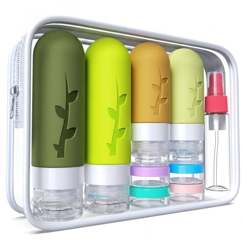 Image of DEPOZA Travel Bottles Kit (16 Pack) - TSA Approved, Leak Proof Silicone Squeezable Containers for Toiletries. Complete Set with Jars, Sprayers & Bag (M-Green)