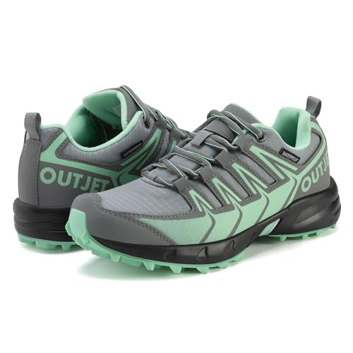 OUTJET Women's Waterproof Hiking Shoes Lightweight Non-Slip Trails Walking Shoes Outdoor Sneakers Green
