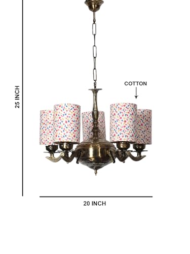 Image of Devansh 05 Lights Printed Round Cotton Shade with Antique Golden Chandelier -F