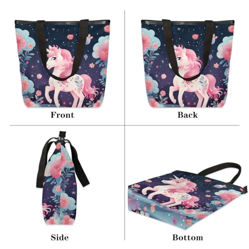 Cute Unicorn Canvas Tote Bag for Women Large Tote Bag with Zipper & Pockets Canvas Beach Bag Shoulder Bag Reusable Shopping Bags Cute Tote Bags for Work Travel3