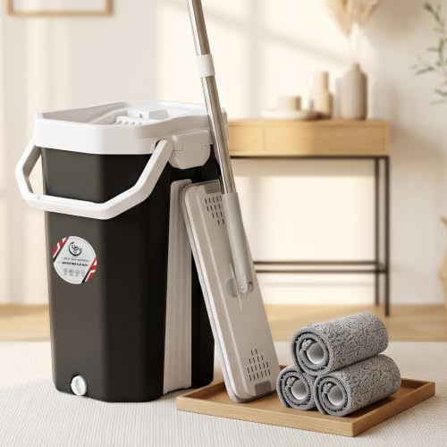 UPC 360° Rotating Microfiber mop for Floor Cleaning Flat Mop for Home Cleaning Floor| Hands-Free Squeeze & Wash FlatMop System for Home (Black)