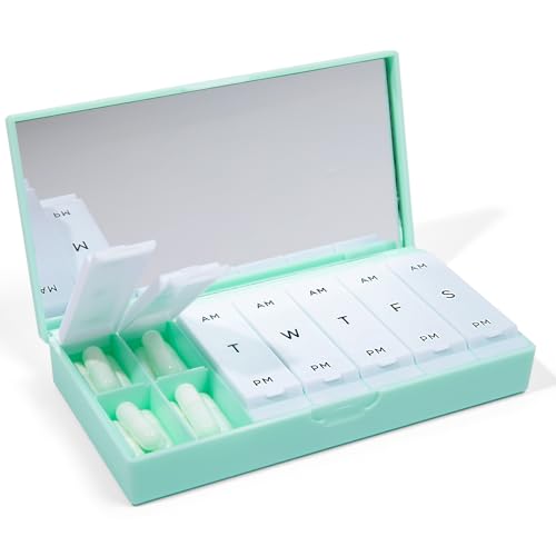 PORT X POLISH Designer Weekly Pill Box Organizer (AM/PM 2X Daily, Mint) | Compact, Stylish 7-Day Vitamin Supplement Case | Cute Portable Mini Travel Medicine Carrier | BPA-Free Pillbox Caddy