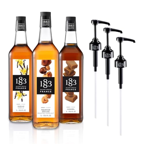 1883 Vanilla, Caramel, Roasted Hazelnut Syrups with Pumps (Coffeehouse Favorites) for Coffee &amp; Drinks – 1 Liter Glass Bottles (Pack of 3)