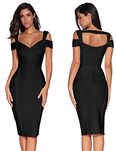 Meilun Women's Off Shoulder V Neck Bandage Clubwear Party Bodycon Dress (S, Black1) #TOP5