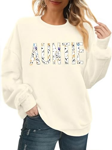 BEBNKGK Womens Auntie Sweatshirt Auntie Letter Print Crewneck Long Sleeve Pullover Top Women Embroidered Tops Oversized Sweatshirt(FlowerApricot,L)