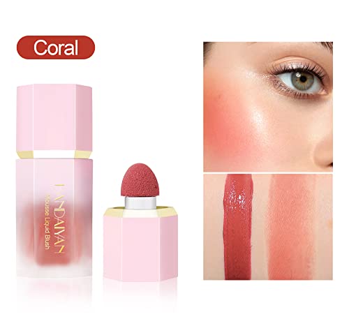 Mousse Liquid Blush, Liquid Blush Beauty Wand With Sponge Tip Easy To Apply For A Natural Radiant Look, Matte Silky Texture, Long-Lasting, Lightweight Blush Liquid Makeup (3# Coral) #TOP1