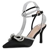 VAN HILL Damen Slingpumps Pumps Stiletto Schuhe Party Absatzschuhe Elegante Satinoptik Abendschuhe Strass Schleifen Partyschuhe 206177 Schwarz Strass 37