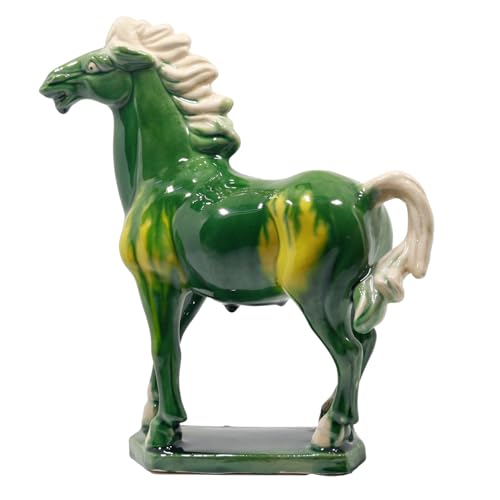 Ceramic Horse Sculpture -9 inch Hand Made Tang Tri-Color China Cultural Art Piece,Museum Collection Inspired Home and Office Decor (Green)