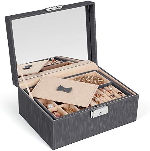 SONGMICS PU Jewellery Box 2 Tier Storage Box with Removable Hinged Travel Box with Mirror on Lid, Grey JBC232GY