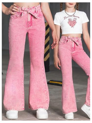 WDIRARA Girl's High Waist Flare Leg Jeans Washed Belted Y2k Denim Pants with Pockets3