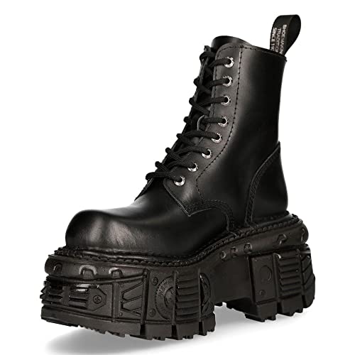 New Rock Boots M-Mili084N-S5 Men's Metallic Black 100% Leather Techno Platform Military Laces Fastening 8 #TOP30