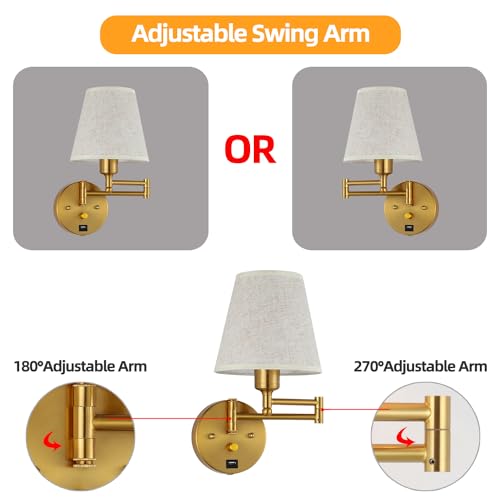 Affsure Bedside Wall Mount Light with Dimmable Switch and USB Port, Gold Swing Arm Fabric Shade Wall Sconce Light with Plug in Cord, Wall Lamp Perfect for Bedroom, Living Room and Hotel by Affsure - Used condition - Image 6