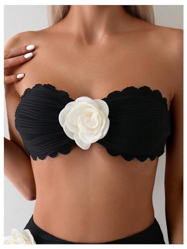 OYOANGLE Women's 2 Piece Strapless Bikini Sets 3D Floral Scallop Trim Tie Back Low Rise Bathing Suit Textured Swimsuits3