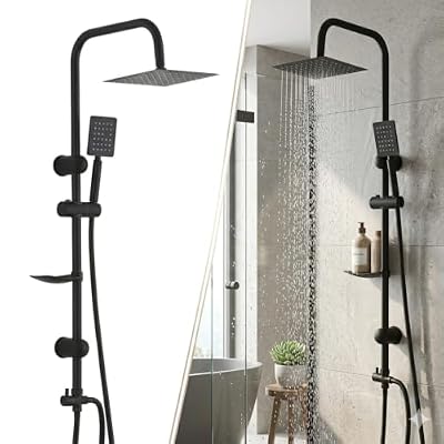 Ezwaasu Columna Ducha Senza Miscelatore, Columna Ducha Completo con Rociador Ducha 20×20 cm Cuadrado y Ducha de Mano y Manguera, Regulable 92cm, Acero Inox, Negro