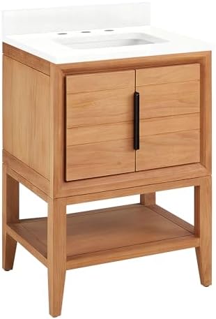 Signature Hardware 955226-24-rumb-3 Aliso 24" Console Teak Single Basin Vanity Set with Cabinet, Vanity Top, and Rectangular Undermount Sink - 8" Faucet Holes - Natural Teak/Feathered White