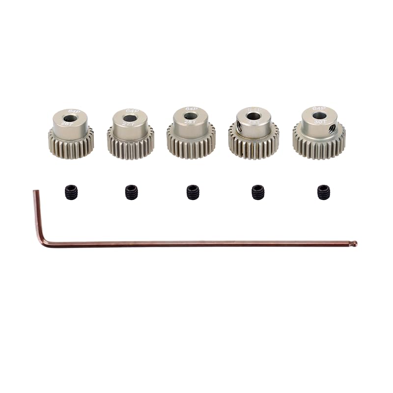 5pcs 64P 3.175mm (21T to 50T) Aluminum Alloy Metal Pinion Motor Gear for 1/10 RC Model - Includes Hex Key (21T-22T-23T-24T-25T)