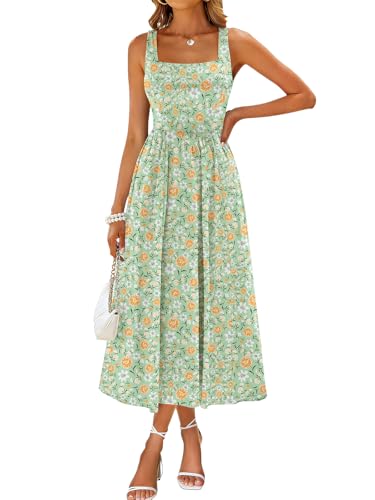 Sureple Summer Dresses Casual for Wedding Guest 2026 Swing A-Line Cotton Flower Midi Sun Dresses with Pockets（SP638-Green Floral 07-S）