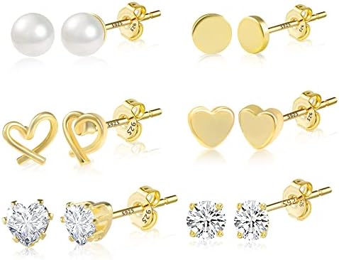 Sterling Silver Stud Earrings, 6 Pairs Sterling Silver 925 Studs Set For Women Girls Kids, Multipack Small Stud Earrings, Hypoallergenicl Mini Sleeper Cartilage Studs Jewelry Gift