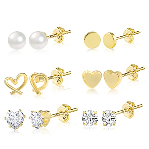Image of ASH'S CHOICE Gold stud Earrings, Mini Heart Zirconia, 6 Pairs Sterling Silver 925 Hypoallergenic Set for Women