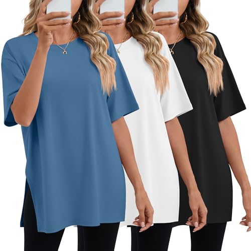 Huukeay 3 Pack Women's Oversized Gym T Shirts Cotton Short Sleeve Side Split Crewneck Tops Casual Workout Baggy Basic Tee