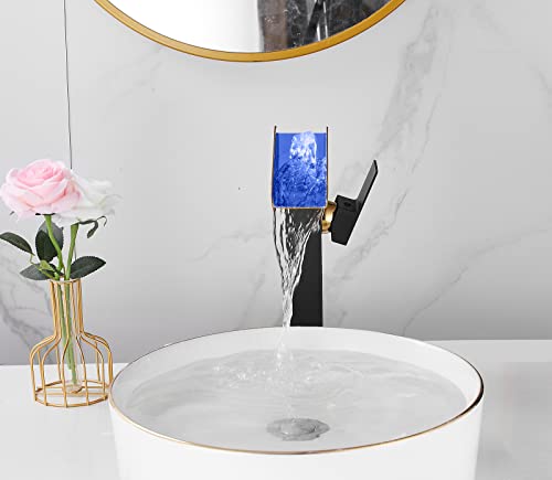 Led Bathroom Vessel Sink Faucet Black&Gold Waterfall Single Handle 1 Hole Matching Pop Up Drain Without Overflow Lavatory Vanity Basin Tap Deck Mount Farmhouse Bowl Sink Bath Faucets Combo Deck Mount #TOP2