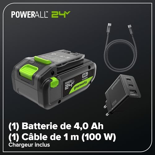 Greenworks Taille-Haies & scie 2-en-1 24V avec Batterie 4,0Ah & Chargeur USB-C 65W, Moteur brushless, Lame 51 cm, scie 20 cm, tête rotative 112,5°, Manche 3 pièces CKPH321A2