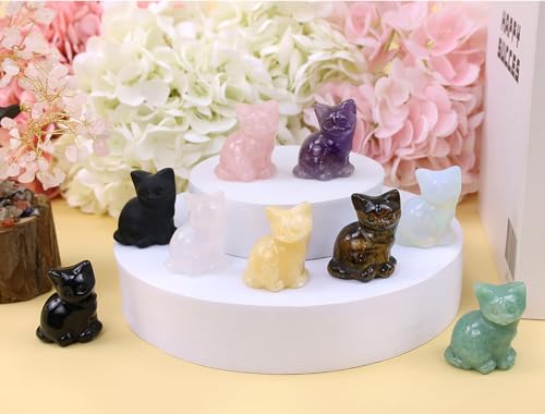 Chat en aventurine verte sculpté à la main, objet d'art en cristal