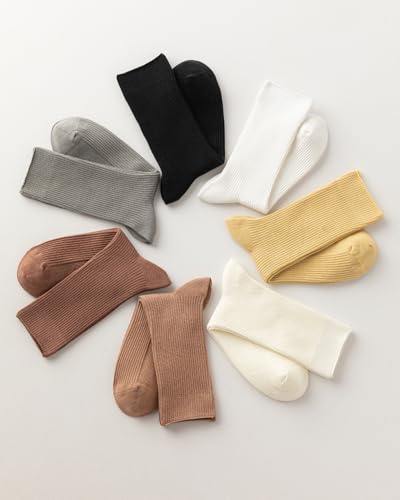 Image of 7 Pairs of Comfortable Cotton Cute Crew Solid Color Socks for Women, Long Socks Socks for Girls, Shoe Size 5-9
