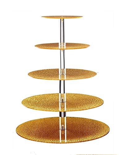 Sumerflos 5 Tiers Golden Round Acrylic Cupcake Stand Cupcake Tower With Acrylic Rod - Special Stacked Party Cupcake Tree - Tiered Cake Tower for Wedding,Happy Birthday,Parties