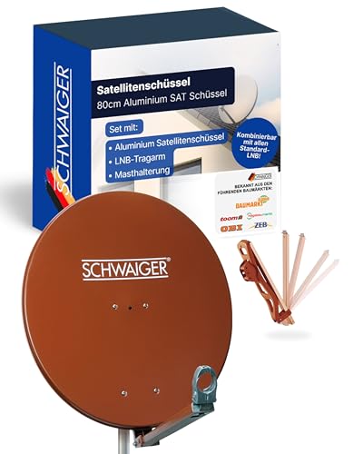 SCHWAIGER Satellitenschüssel I Ø 80 cm Aluminium Offset Antenne in Ziegelrot I Multifeed geeignet & wetterfest I SAT Schüssel mit LNB Tragarm & Masthalterung I maximale Empfangsleistung 38,5dB