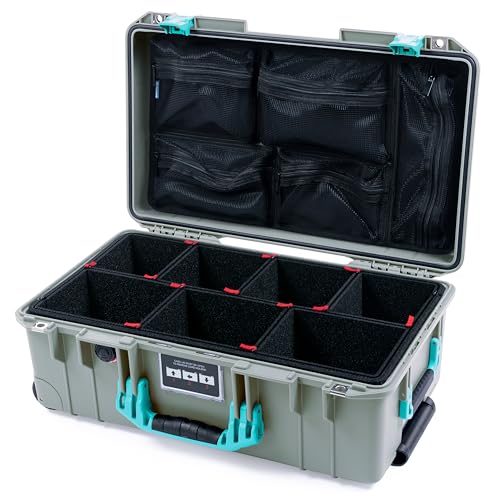 Pelican Air 1535 Carry-On Sage Green - Medium Size Waterproof Case with TrekPak Kit and Mesh Lid Organizer - Teal Handles, Latches & Trolley