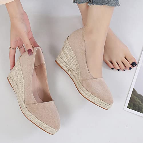 Alpargatas femininas com bico fechado sapatos casuais verão lona sapatos da moda Mule leve salto ele