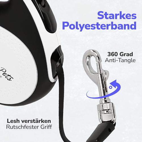Zenova Pets Hundeleine 5 m – Rollleine mit Kotbeutelhalter – Ausziehleine für Hunde jeder Größe – Laufleine mit 360° Nylonband, Anti-Rutsch-Griff & Schnellbremsknopf – Leine für Hunde bis 30 kg